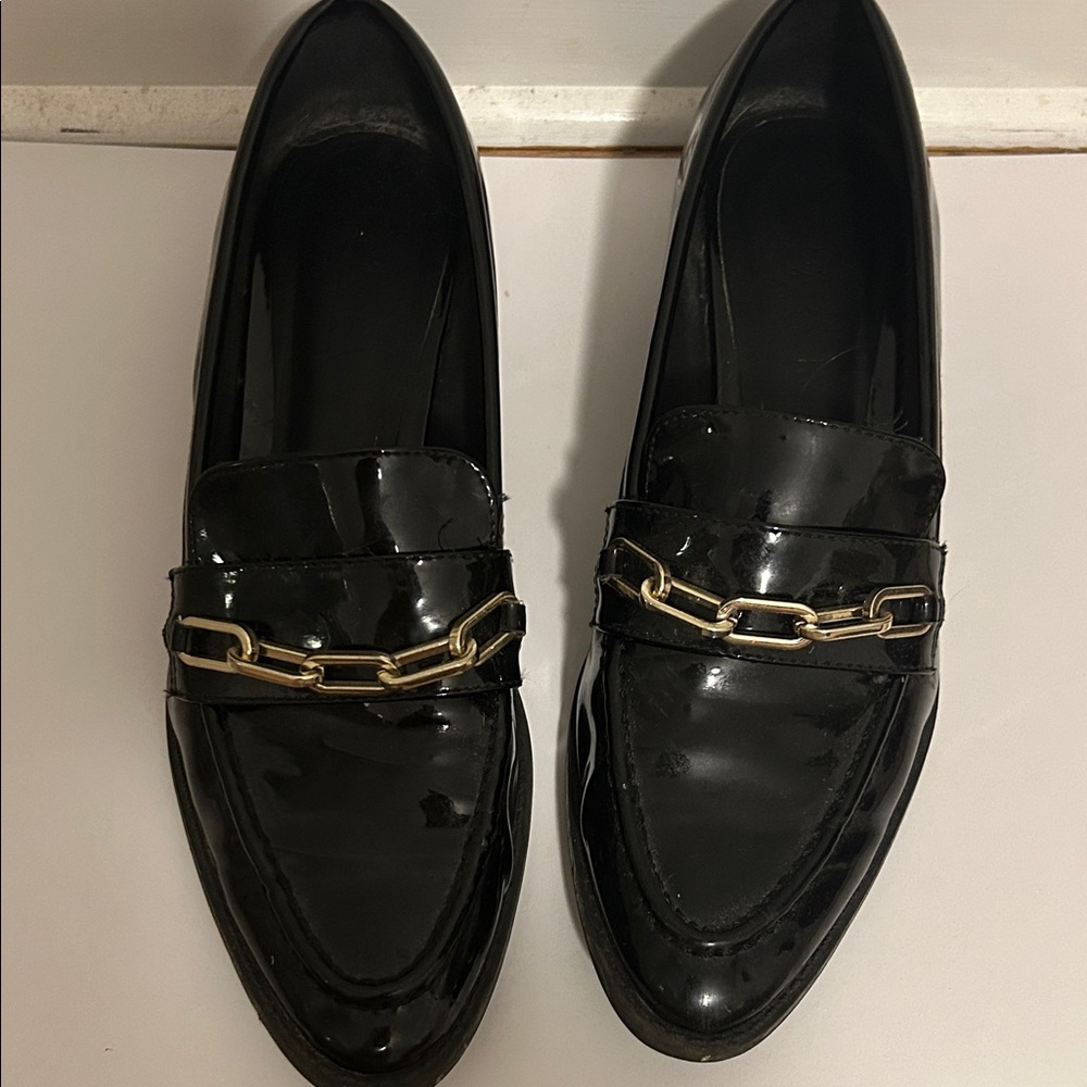 Zara Black Patent Loafers with Gold Chain Detail